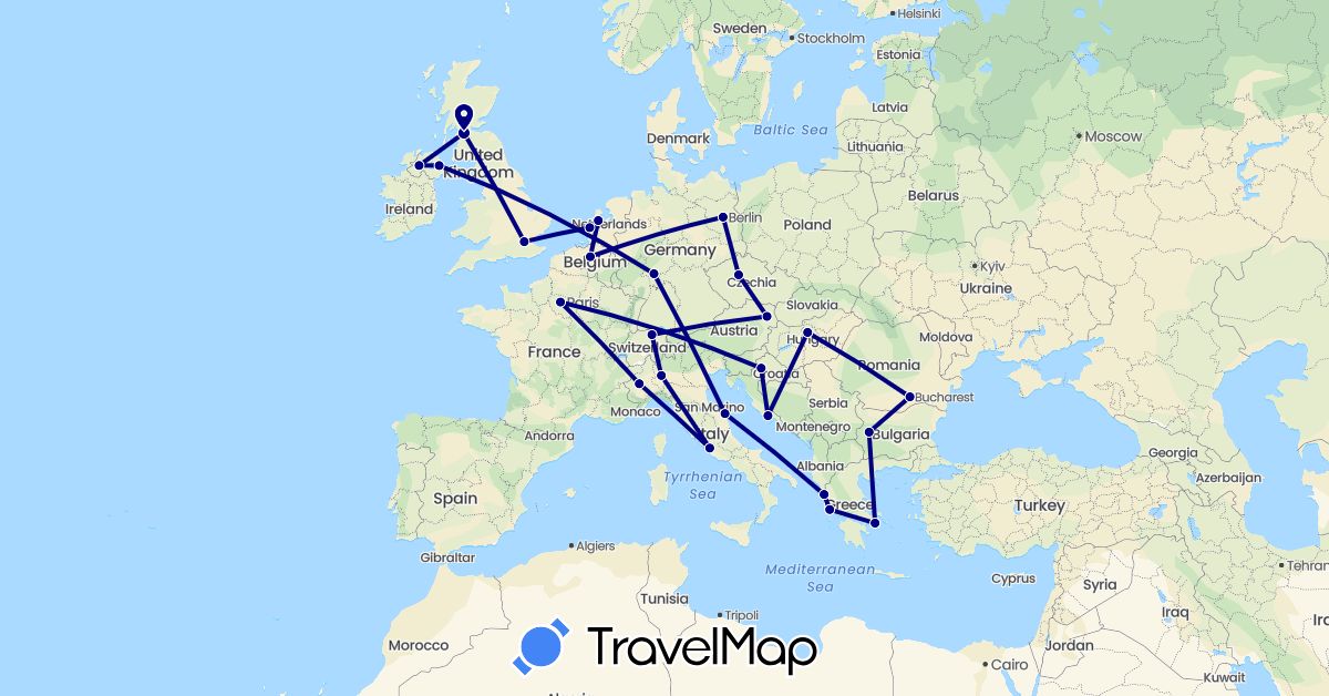 TravelMap itinerary: driving in Austria, Belgium, Bulgaria, Switzerland, Czech Republic, Germany, France, United Kingdom, Greece, Croatia, Hungary, Italy, Netherlands, Romania (Europe)